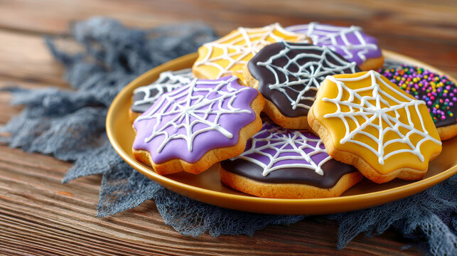 A plate of Halloween spiderweb cookies in purple, black, and orange, on a rustic wooden table with dark cloth