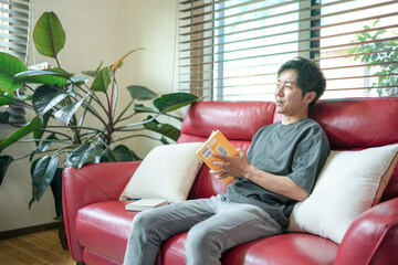 A man is sitting on a red couch with a book in his hand. The room has a potted plant and a few pillows. The man is enjoying his book and the comfortable setting