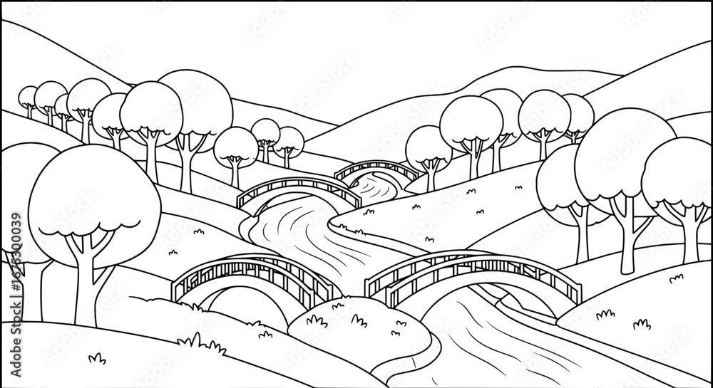 Poster landscape with trees and bridges on transparent background