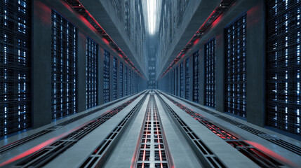 aerial view of data hall with symmetrical cooling ducts futuristic composition no people illustration concept scene visual for commercial design use high detail quality stock image illustration