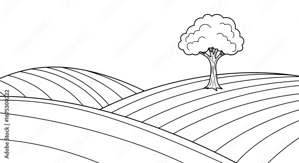 Poster scenic farm landscape with one tree and rolling fields