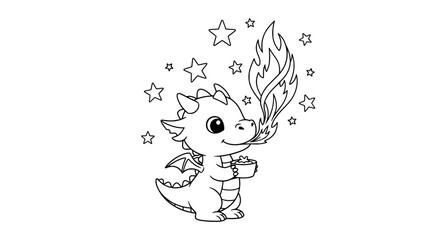 Cute cartoon dragon breathing fire with transparent background