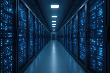 Fototapeta premium Digital Fortress: Navigate through a cutting-edge server room where rows of towering servers hum with data, a testament to technological might and the digital age. 