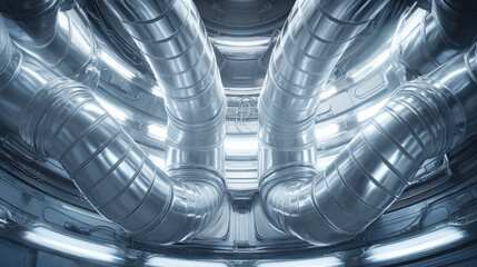 aerial view of data hall with symmetrical cooling ducts futuristic composition no people illustration concept scene visual for commercial design use high detail quality stock image illustration