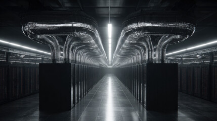 aerial view of data hall with symmetrical cooling ducts futuristic composition no people illustration concept scene visual for commercial design use high detail quality stock image illustration