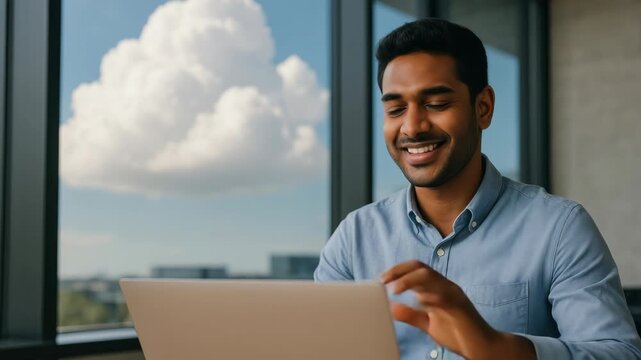 A man in a blue shirt smiles while working on a laptop, viewed from a side angle. Bright office setting with large windows. Perfect for a business video concept.
