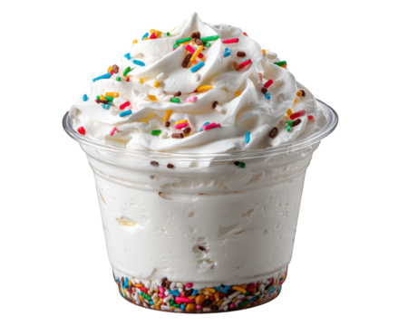 Whipped cream sundae with colorful rainbow sprinkles in clear plastic cup, creamy texture, sweet dessert, festive and joyful treat for children and parties