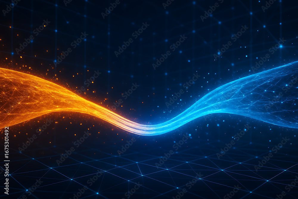Poster a vibrant abstract background depicts a flow of energy with shimmering particles, representing data 