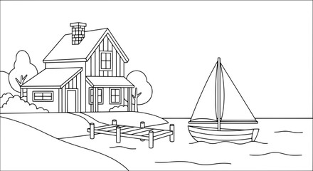 Obraz premium House with boat and dock on water with transparent background