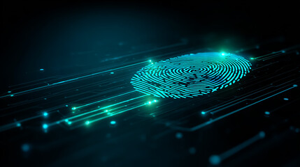 A glowing digital fingerprint embedded in a futuristic circuit board, illuminated with neon blue and green lights