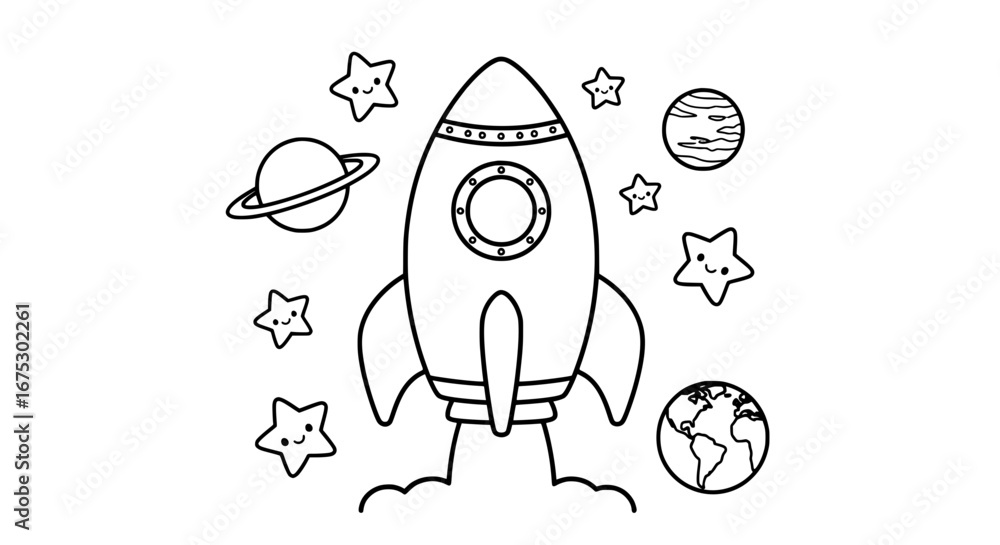 Poster rocket with planets and stars with transparent background