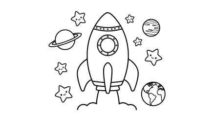 Rocket with planets and stars with transparent background