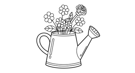 Outlined watering can with flowers for botanical decoration