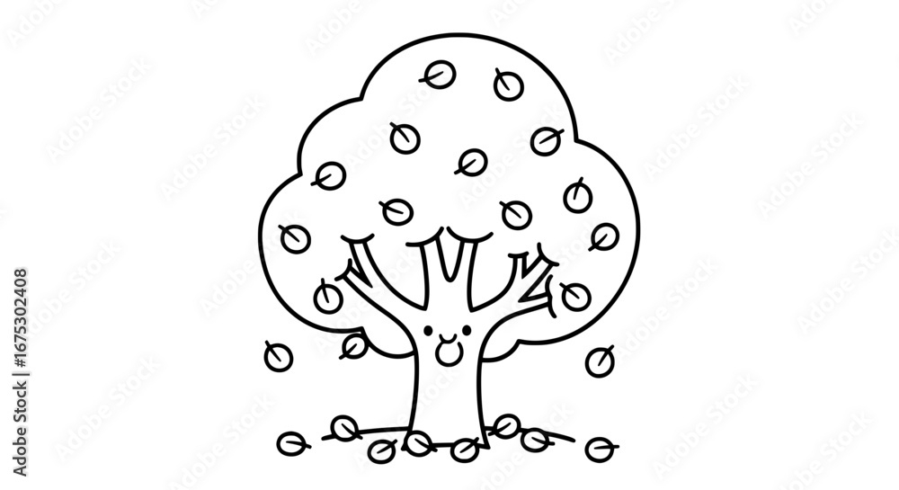 Poster line art of a tree with falling leaves with transparent background