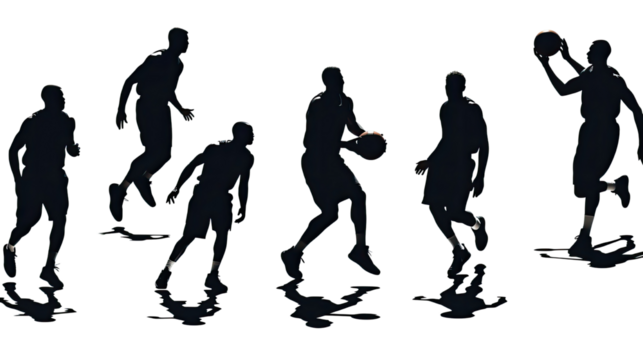 Set of basketball players in action isolated on white background