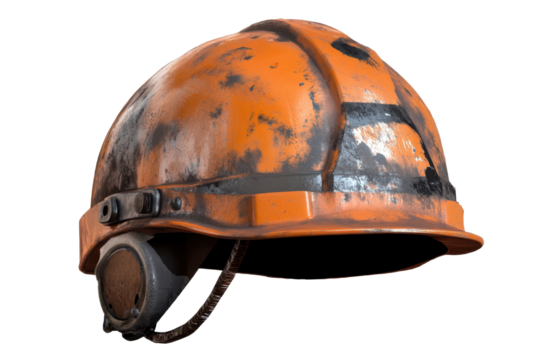 Mining helmet isolated in transparent background showcasing wear and tear from use in various mining environments