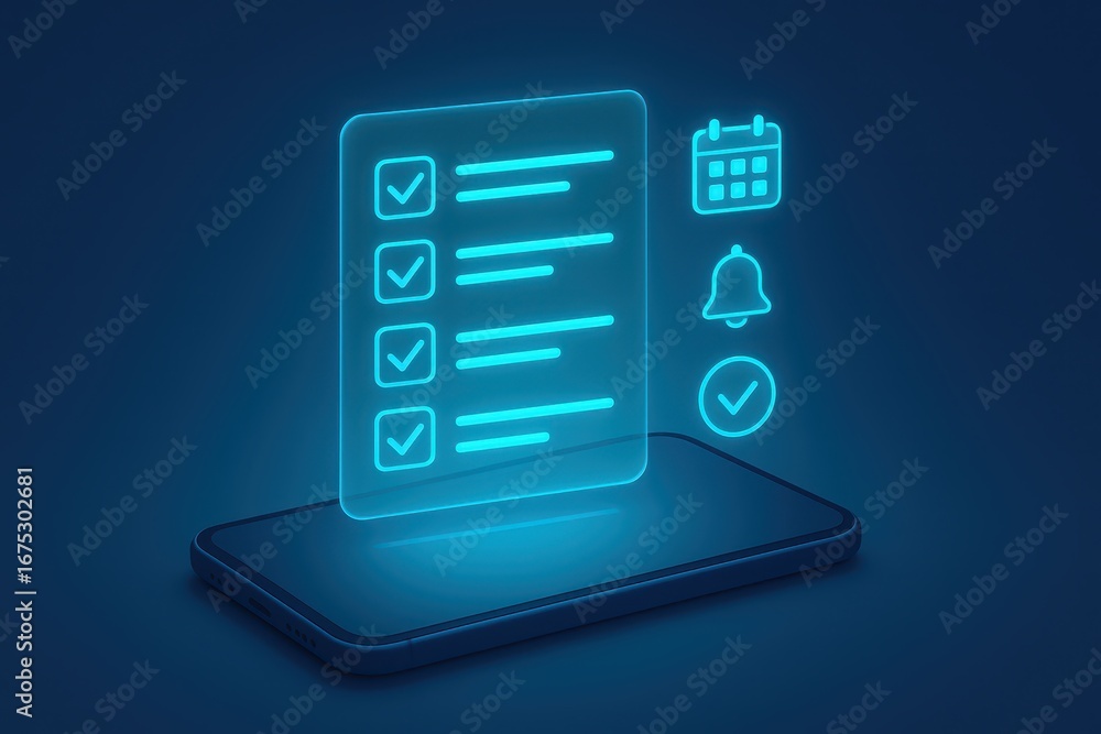 Poster digital task management: an eye-level depiction of a smartphone screen projecting a task list, compl