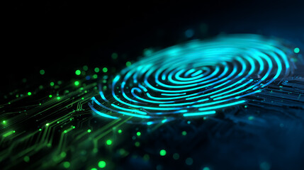 A glowing digital fingerprint embedded in a futuristic circuit board, illuminated with neon blue and green lights