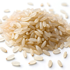 Obraz premium Rice grains isolated on white background, displaying small, polished white grains known for