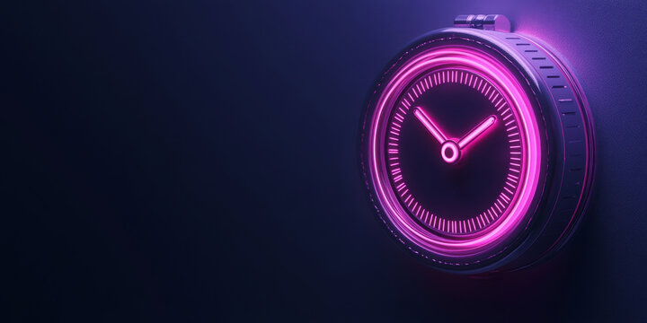 A modern 3D illustration of a stylized glowing clock on a dark background, ideal for websites or blogs about deadlines, schedules, technology, or time management