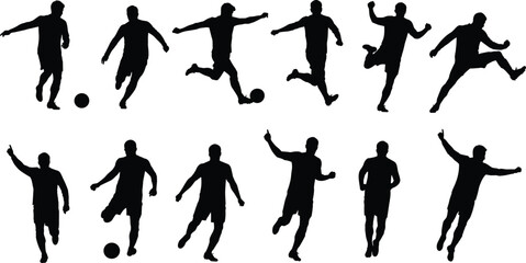 Vector silhouette of soccer players in action, kicking, running, celebrating, isolated black figures, football athlete clipart, dynamic movement poses for sports design