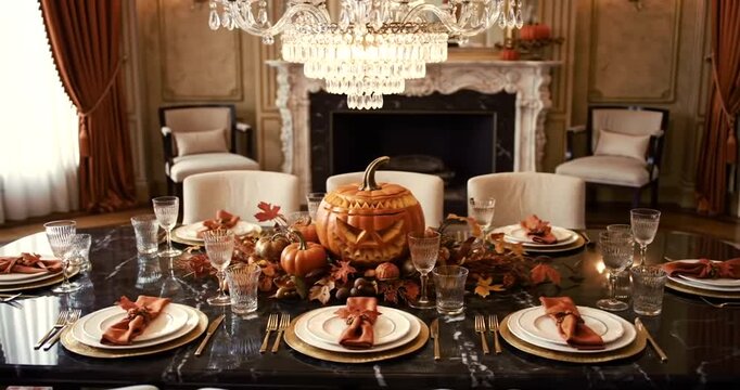 Elegant Halloween and Thanksgiving table setting with carved pumpkin centerpiece.