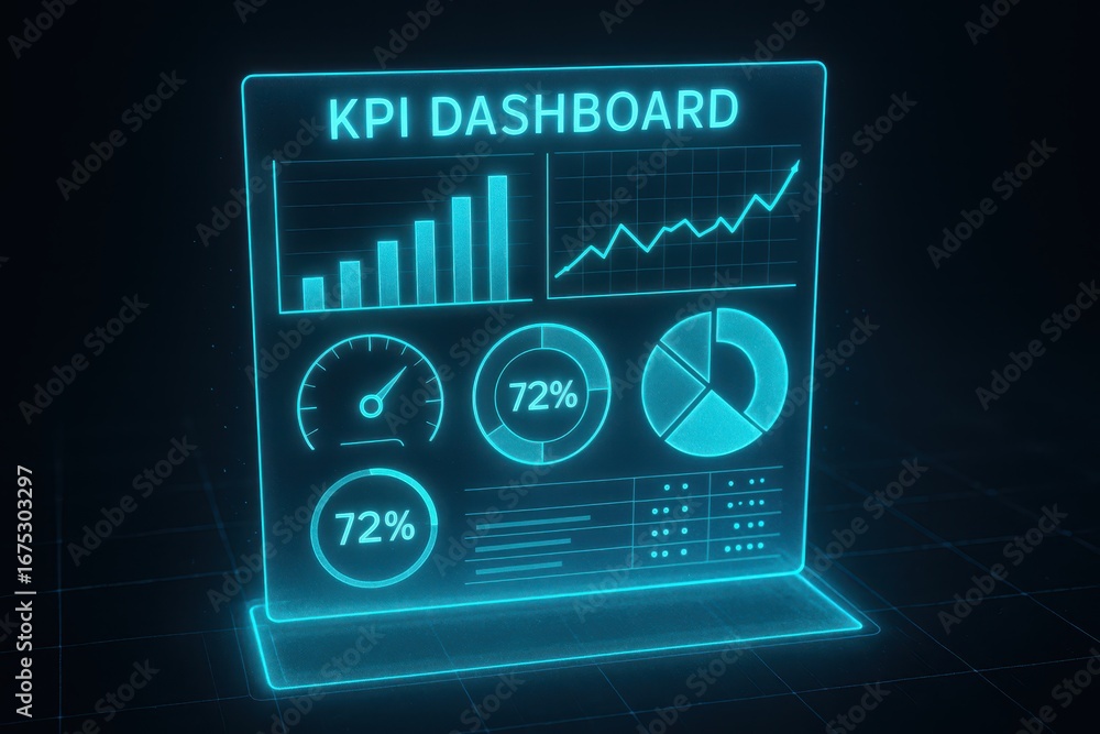 Poster digital kpi dashboard: a futuristic depiction of a digital kpi dashboard, with translucent interface