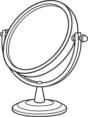 Minimalist line art of a round tabletop mirror on a stand, perfect for beauty illustrations, vanity decor, makeup accessories, cosmetic branding, and home interior design concepts.