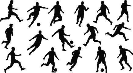 Silhouette vector of football players in motion, running, kicking, dribbling, isolated athlete poses, soccer game action, sports clipart, dynamic black figures