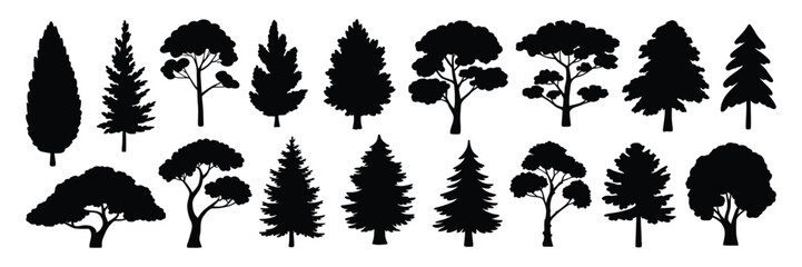Fototapeta premium Pine Tree Silhouettes Set – Black Evergreen Forest Shapes Including Firs and Spruces – Vector Woodland Nature Templates Isolated on White Background for Design Use
