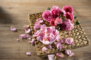Vibrant pink flowers arranged on a woven mat with scattered petals in a sunny indoor setting