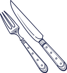 Vintage fork and knife line art illustration, elegant dining cutlery outline for restaurant menu design, kitchen decor, table setting, and food-related creative projects.