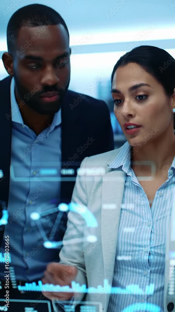 Poster two diverse tech professionals in smart casual attire collaborate on a large interactive digital dis