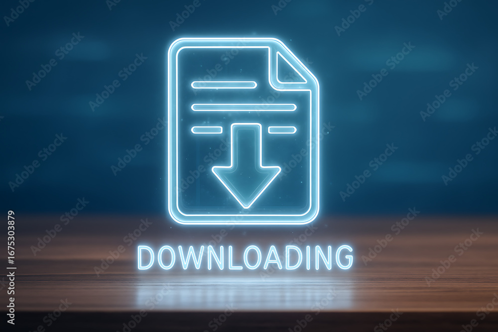 Poster file downloading process concept with a large glowing file icon and a prominent downloading text on 