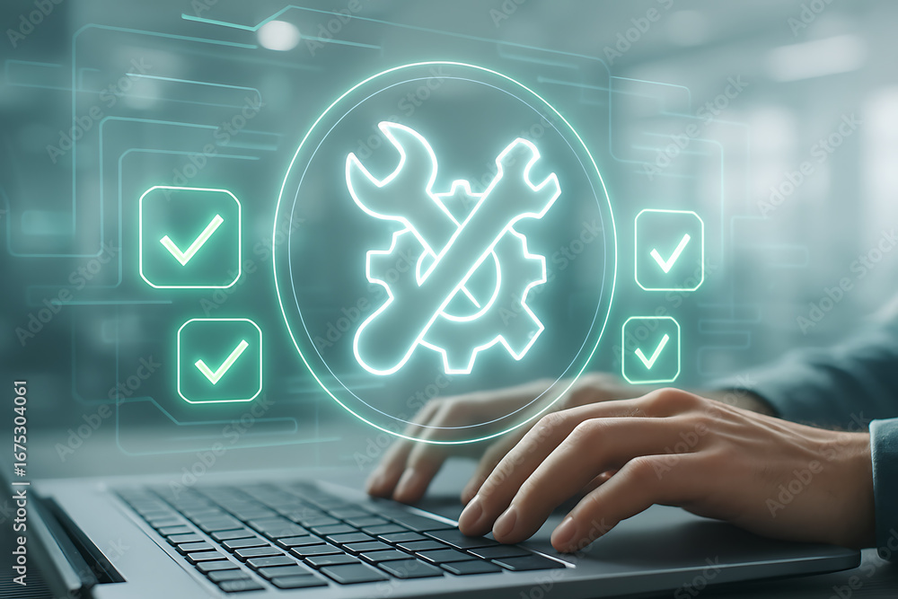 Aufkleber hands on a laptop keyboard with a futuristic holographic overlay showing a wrench and gear icon and 