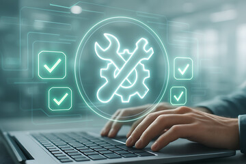 Hands on a laptop keyboard with a futuristic holographic overlay showing a wrench and gear icon and checkmarks