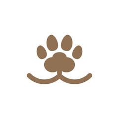 Pet face with smile and paw print. Simple minimal vector drawing.