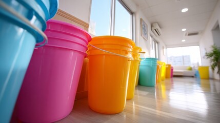 Colorful bins organized for recycling materials in a bright office space promoting environmental awareness and cleanliness