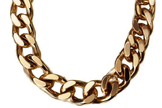 Gold chain necklace with intricate link design, showcasing a glossy finish against a transparent background for versatile styling options and visual appeal