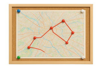 City map route with red pins on cork bulletin board