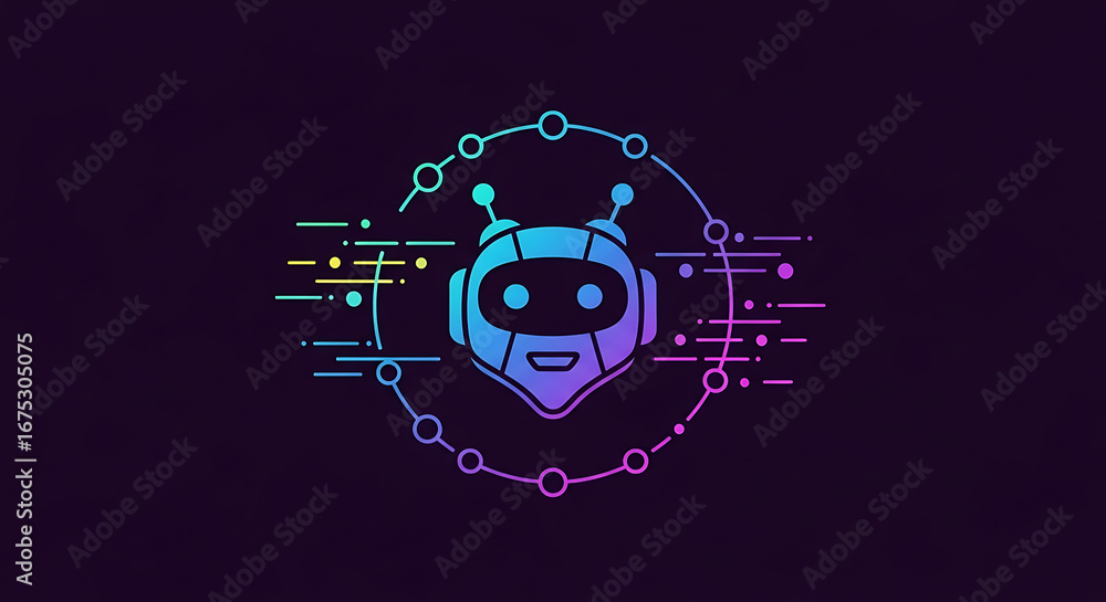 Poster illustration of a gradient robot head surrounded by a dotted circle on a dark background