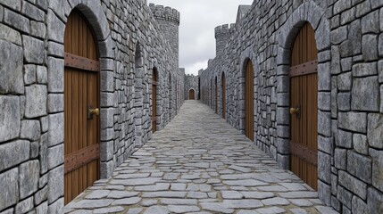 An evocative perspective of a medieval castle passageway with stone walls