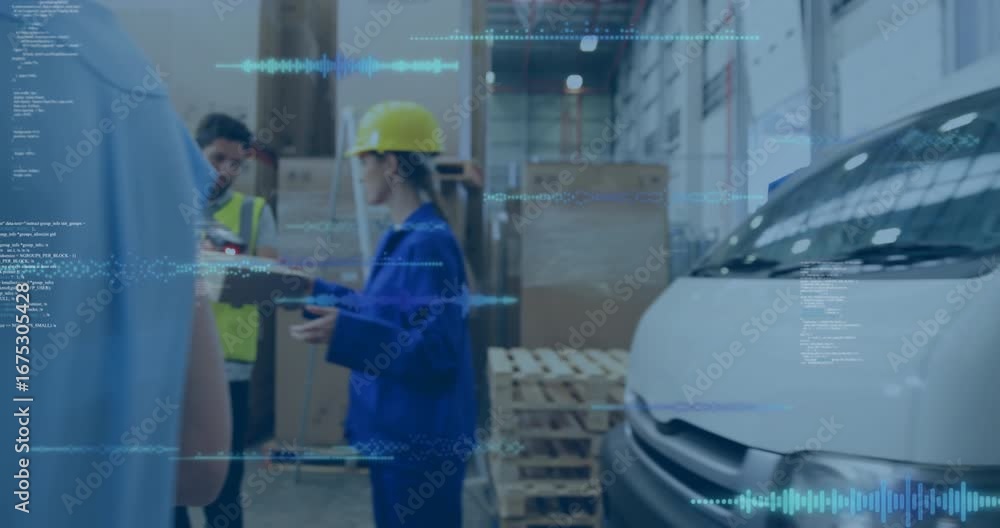 Poster after logistics coordinator checking van, operator loading box while worker scanning boxes