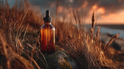 Amber glass dropper bottle on a rock, surrounded by tall grass, at sunset