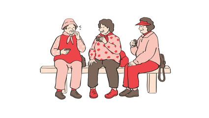 Illustration of three senior women friends socializing on a bench, representing a community gathering and active retirement