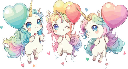 Three adorable kawaii unicorns with colorful pastel manes holding heart shaped balloons celebrating a magical fantasy birthday party