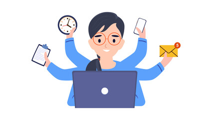 Vector illustration of a productive business woman with many hands multitasking at her laptop, symbolizing efficiency and time management