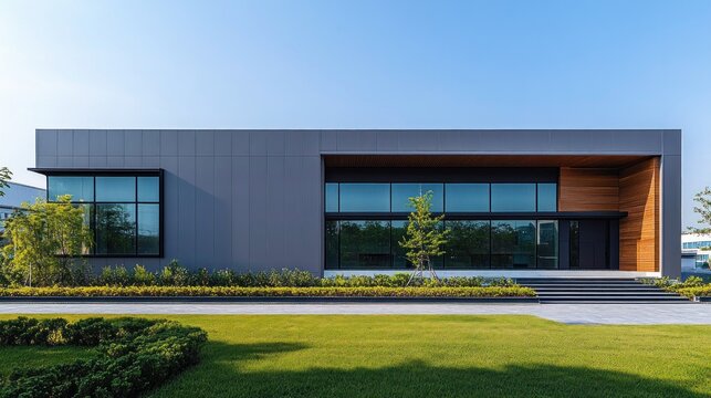 Modern minimalist building with large glass windows and wooden accents surrounded by neatly trimmed grass and small trees under a clear blue sky