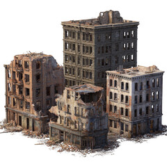 A cityscape with three buildings, one of which is in ruins