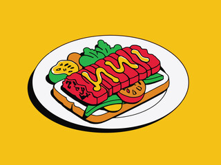 Vector art of creative hot dog with mustard and tomato on a plate